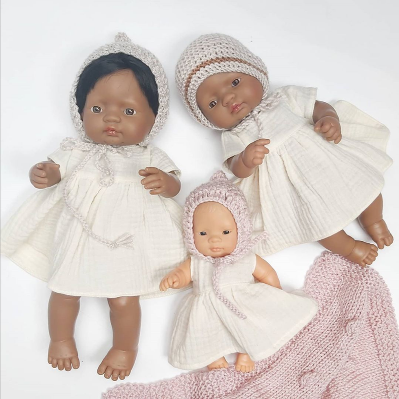 Miniland 21cm baby pop poppen kleertjes kleding jurkje poppenjurkje wit
